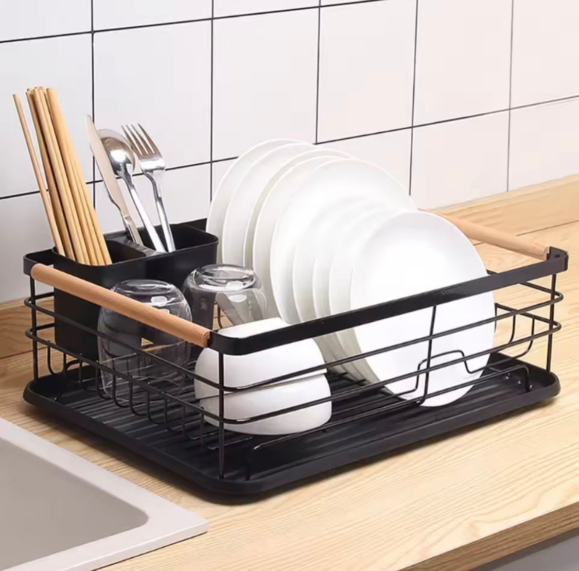 Stainless Steel Kitchen Dish Storage Rack, Wooden Handle Dish Storage Holder, Chopsticks And Utensils Holder Stainless Steel Kitchen Dish Storage Rack, Wooden Handle Dish Storage Holder, Chopsticks And Utensils Holder